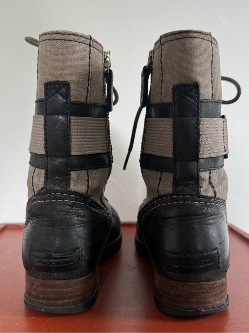 Sorel Major Carly Snow Combat Boots Leather Canvas Mid Calf Lace Up Sand Black - Picture 5 of 12